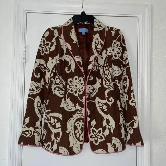 J. McLaughlin Blazer Brown Floral Pink Outline Boho Paisley Sz 2 - Picture 2 of 8